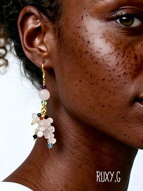 Rose quartz  & Swarovski Beaded Cluster Drop Earrings - Gold Accent